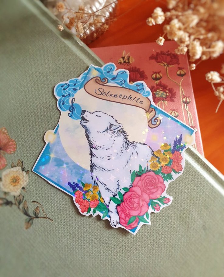 Large Selenophilia sticker with a wolf and the Moon | laminated glitter, perfect for scrapbook or diary decoration, floral stationery