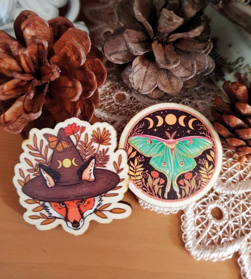Wooden fox or luna moth pin inspired by magic and witches | lunar phases and the triple moon | nature and fantasy green witch