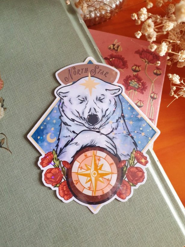 Laminated glitter north star sticker, bear and compass | Polaris, Ursa Minor, Big Dipper constellation.