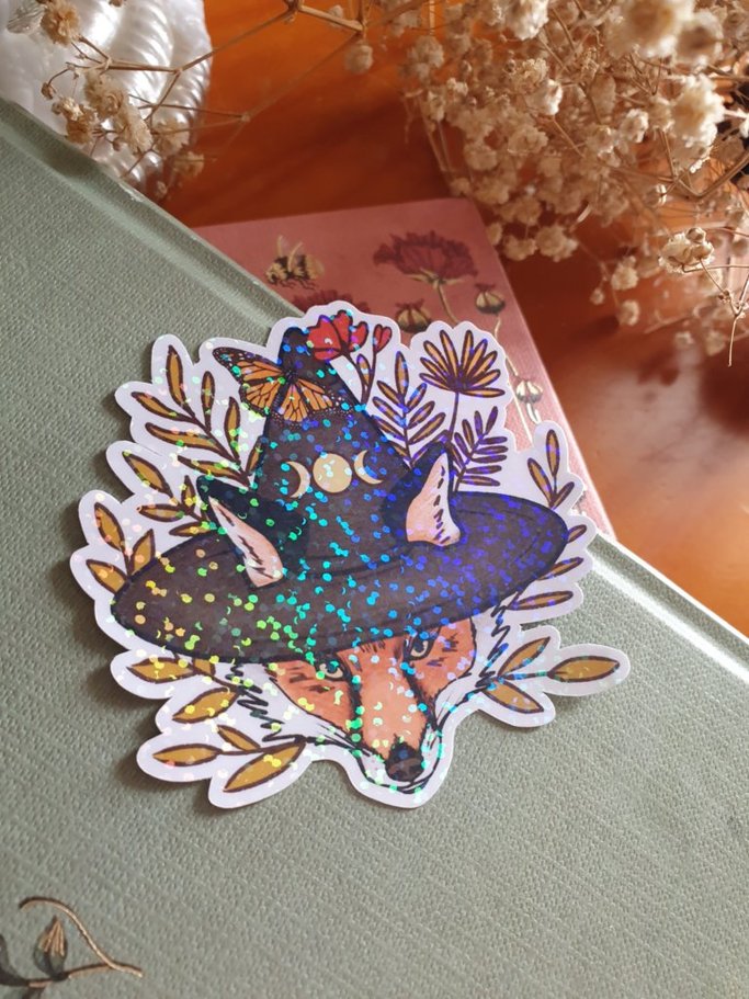 Large Witch Fox Sticker with a Monarch Butterfly | Triple Moon Floral Illustration, Green Witch Wicca Art, Stationery.