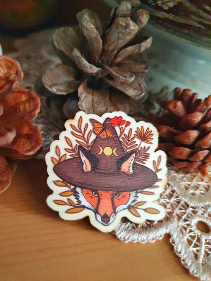 Wooden fox or luna moth pin inspired by magic and witches | lunar phases and the triple moon | nature and fantasy green witch