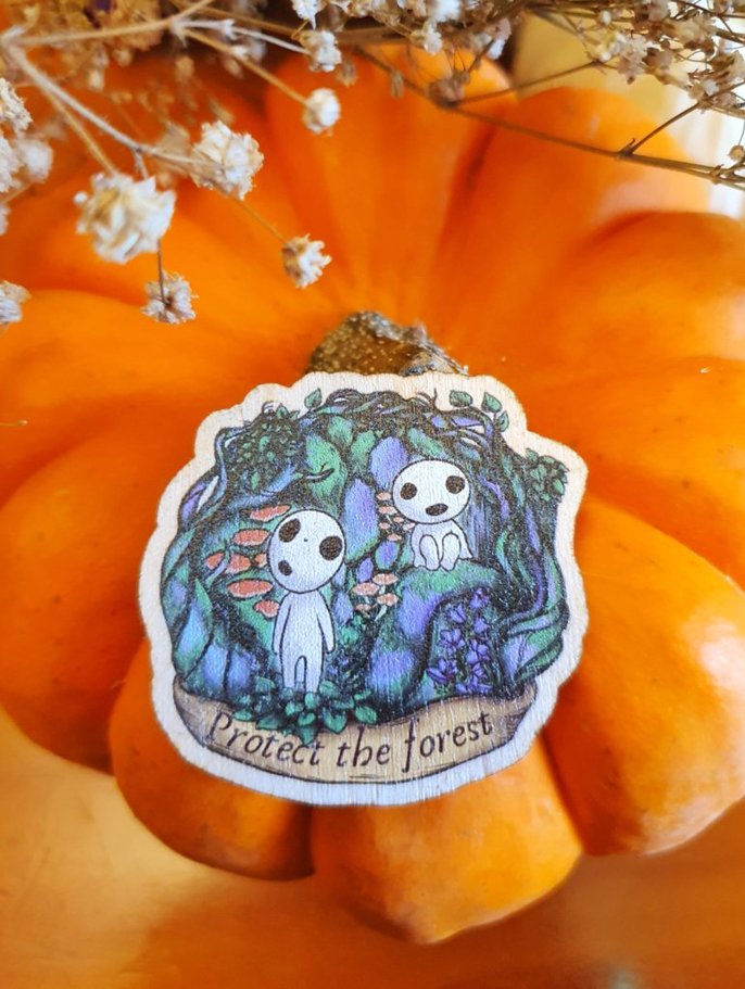 Cute wooden pin, tree spirit, anime forest princess inspired by Japanese folklore, kawaii accessory, goblincore