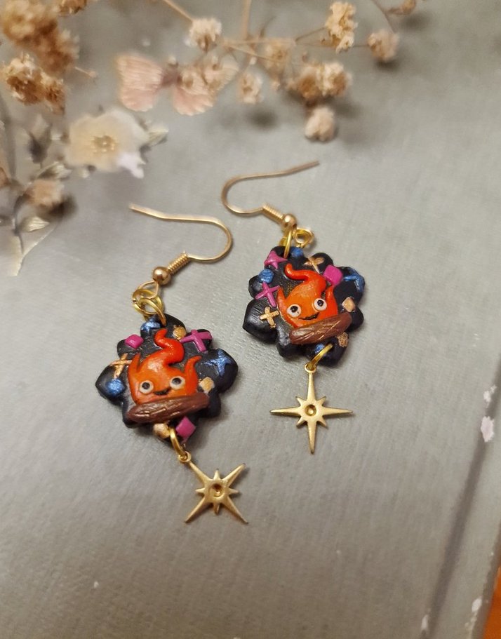 Calcifer Fire and Stars Earrings, Hand Sculpted Jewelry, Inspired by Howl's Moving Castle | Gift for Her, Anime and Japan Lover, Kawaii