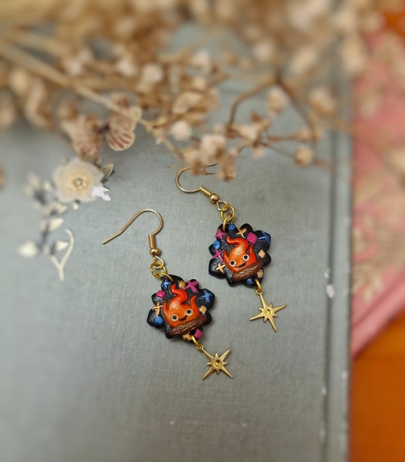 Calcifer Fire and Stars Earrings, Hand Sculpted Jewelry, Inspired by Howl's Moving Castle | Gift for Her, Anime and Japan Lover, Kawaii