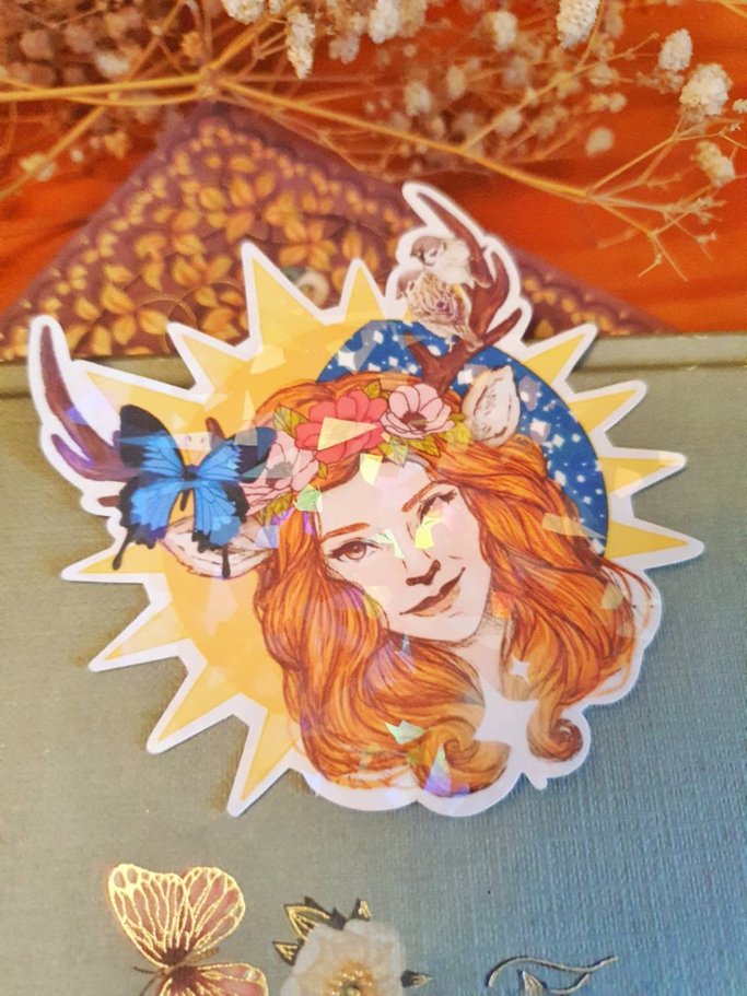 Faun deer large iridescent sticker inspired by spring and summer, with blue butterfly, sun, moon and stars | birds cute stationery.