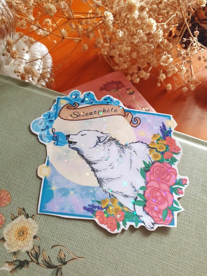 Large Selenophilia sticker with a wolf and the Moon | laminated glitter, perfect for scrapbook or diary decoration, floral stationery