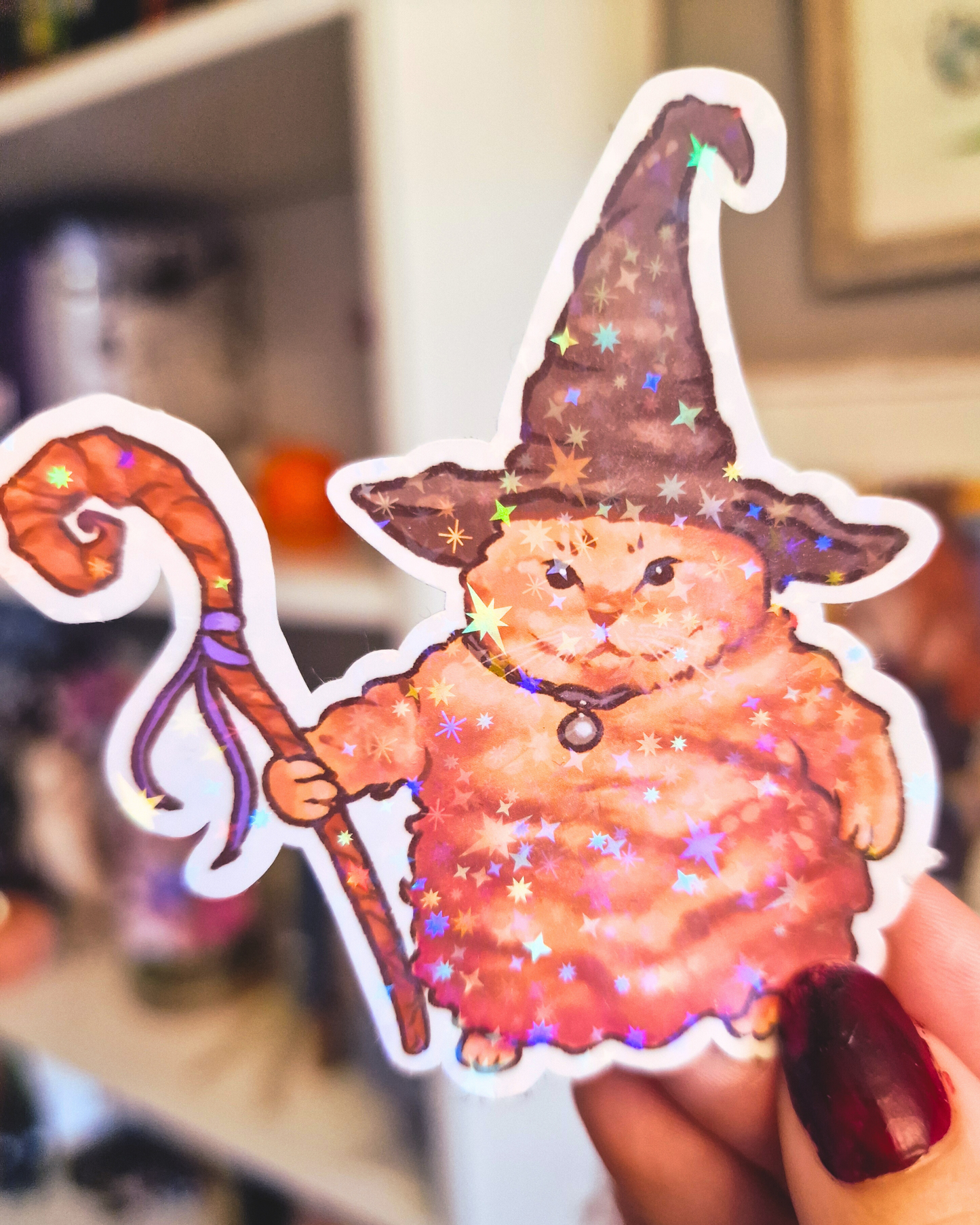 Fat cat wizard meme glossy sticker, funny gift for cat lovers