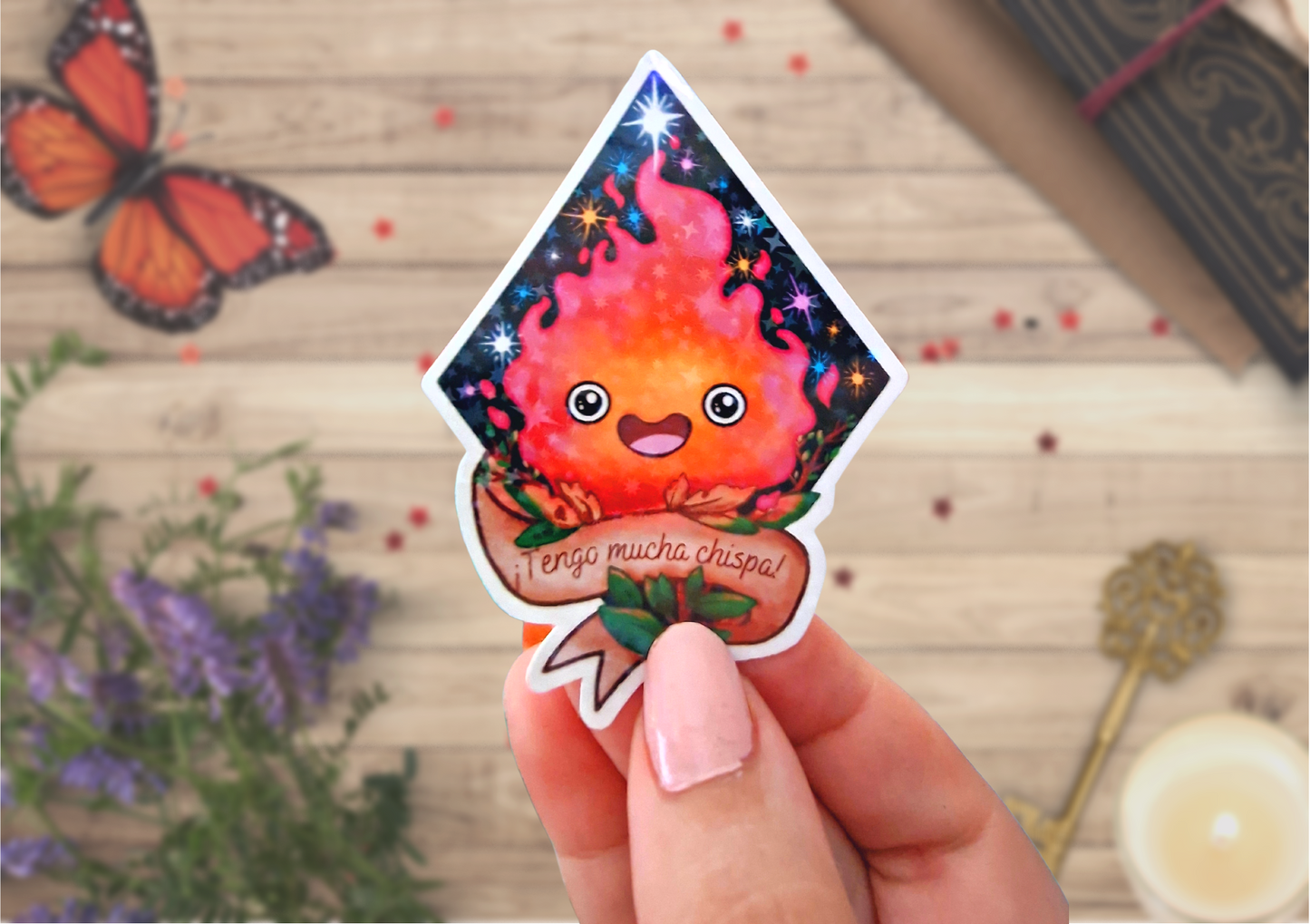 Fire and stars glitter sticker, howl's moving castle character | Gift for her, anime lover, cute stationery.