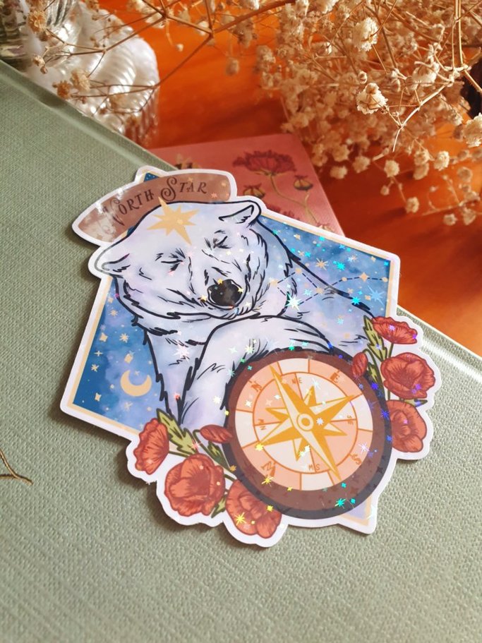 Laminated glitter north star sticker, bear and compass | Polaris, Ursa Minor, Big Dipper constellation.