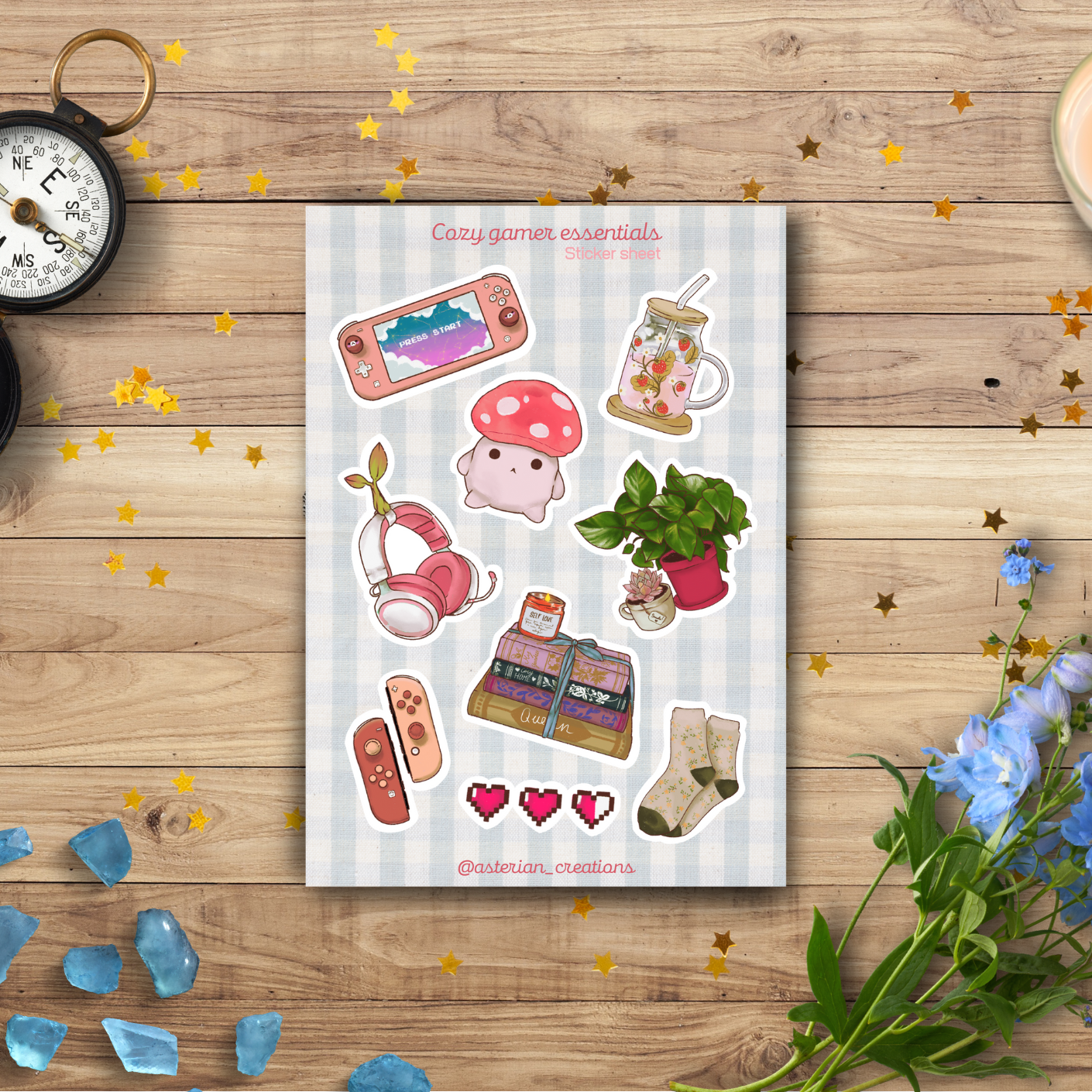 Cozy gamer essentials, cute & aesthetic sticker sheet | kawaii stationery bullet journal, planner, computer.