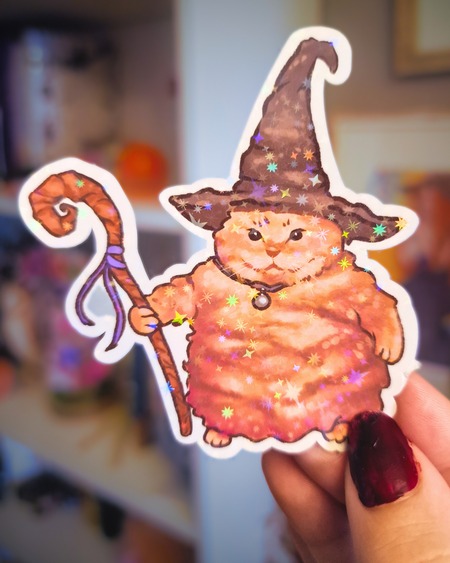 Fat cat wizard meme glossy sticker, funny gift for cat lovers