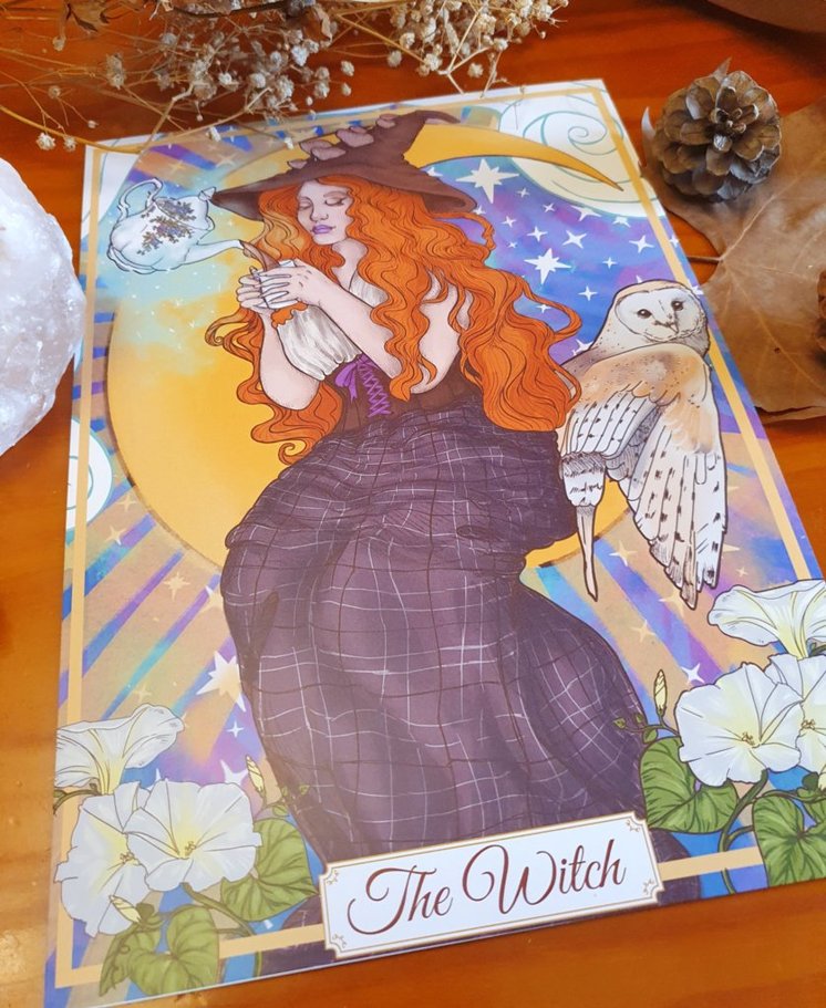 Witch, Moon and Owl cute digital art print, cottagecore aesthetic dark academia, wall decor | Autumn mushrooms witchy stuff