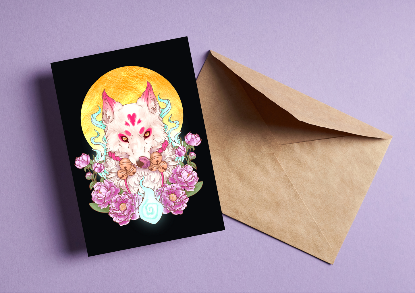 Kitsune A5 art print, fox, moon and flowers illustration, Japanese folklore art wall decor.