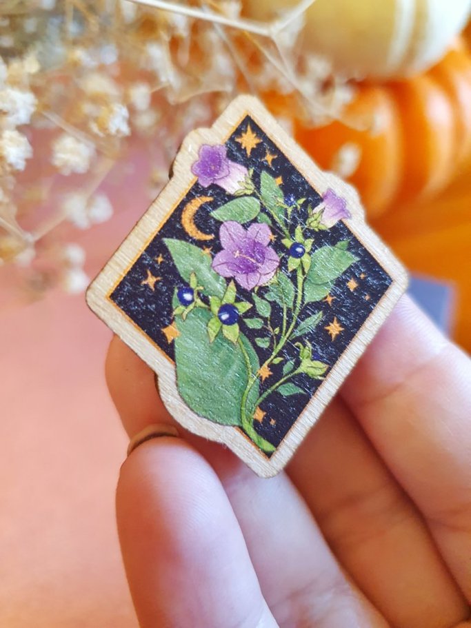 Belladonna wooden brooch, floral illustration gift for witches | art clothing aesthetic, dark academia green witch, Hecate.