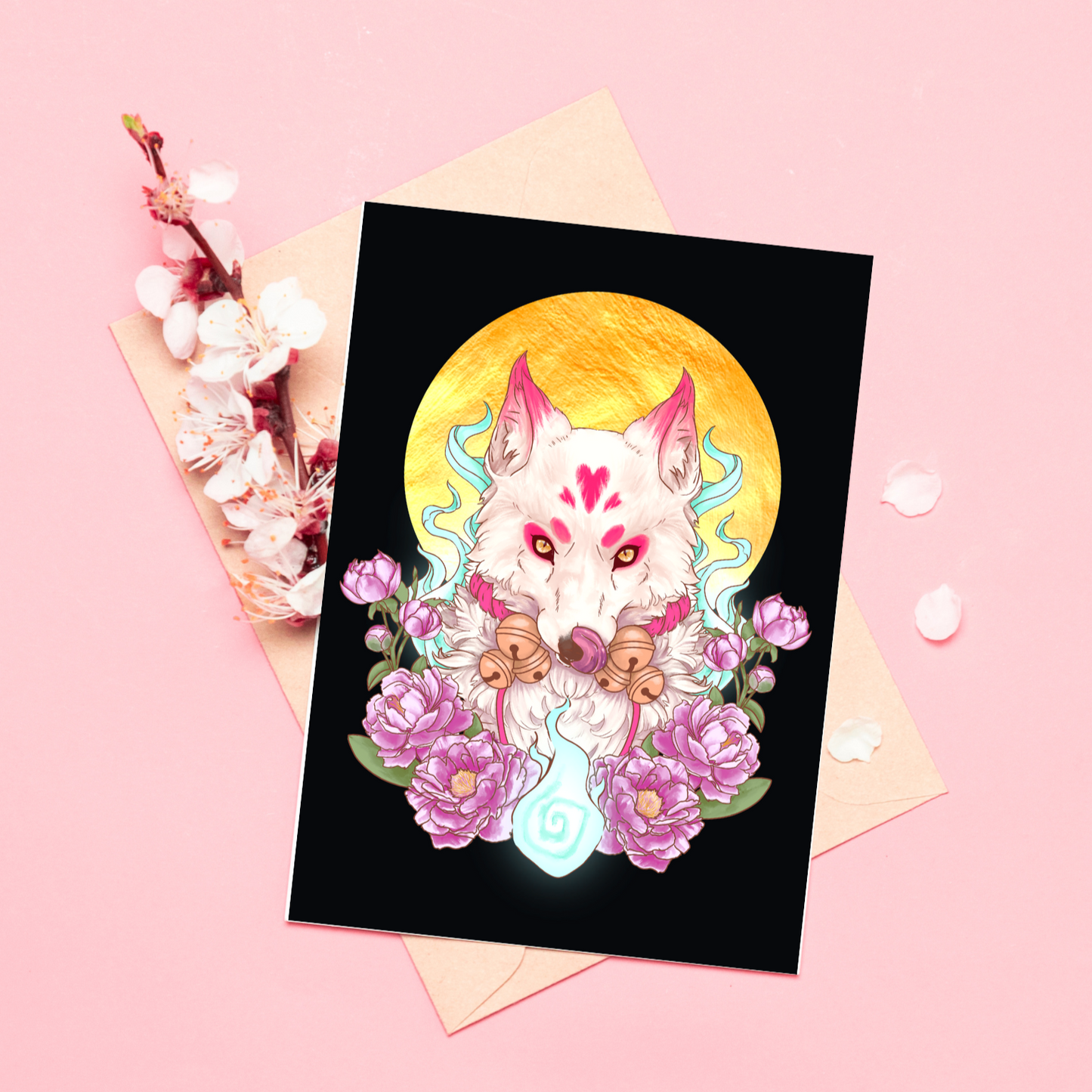 Kitsune A5 art print, fox, moon and flowers illustration, Japanese folklore art wall decor.