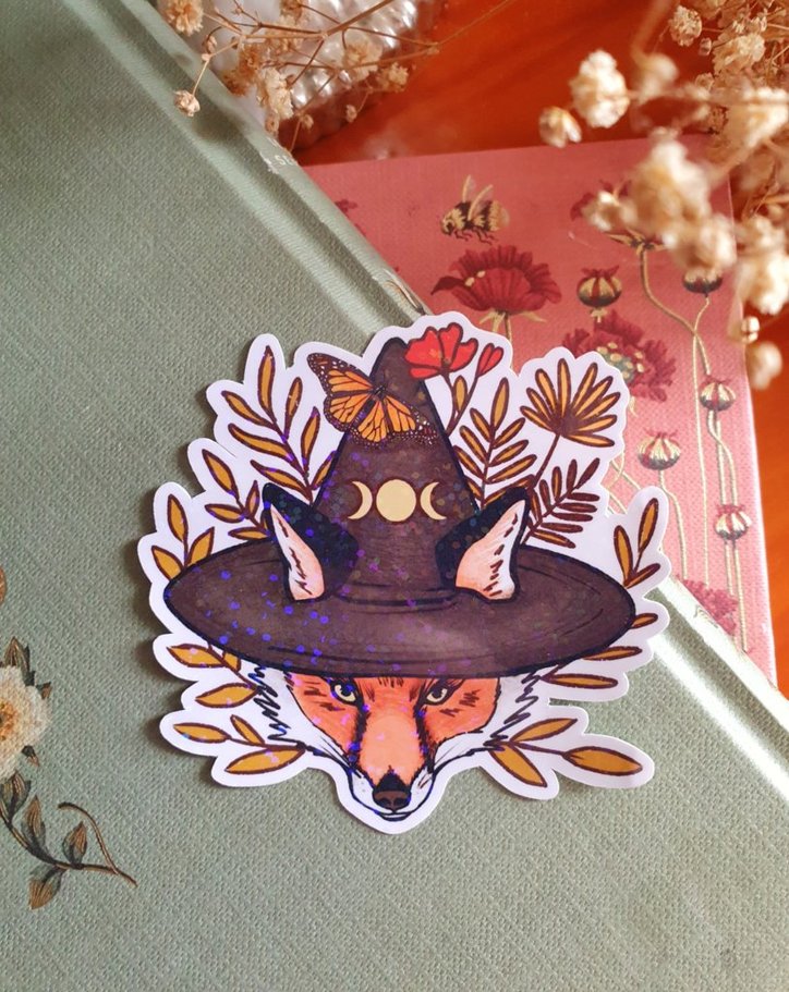 Large Witch Fox Sticker with a Monarch Butterfly | Triple Moon Floral Illustration, Green Witch Wicca Art, Stationery.