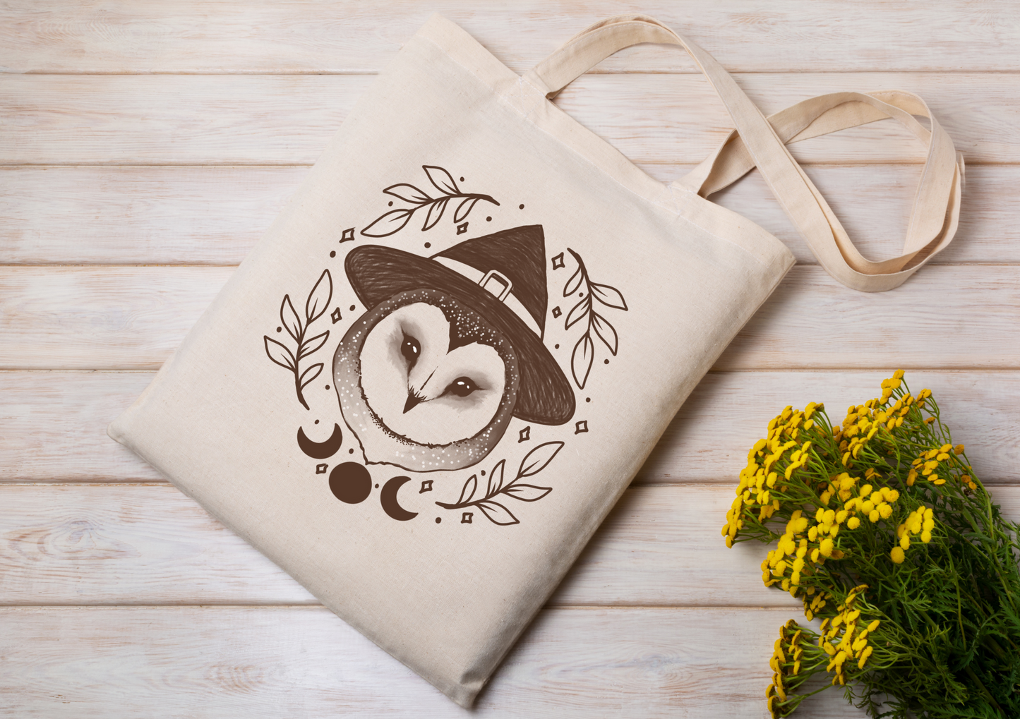 Witch owl cotton tote bag