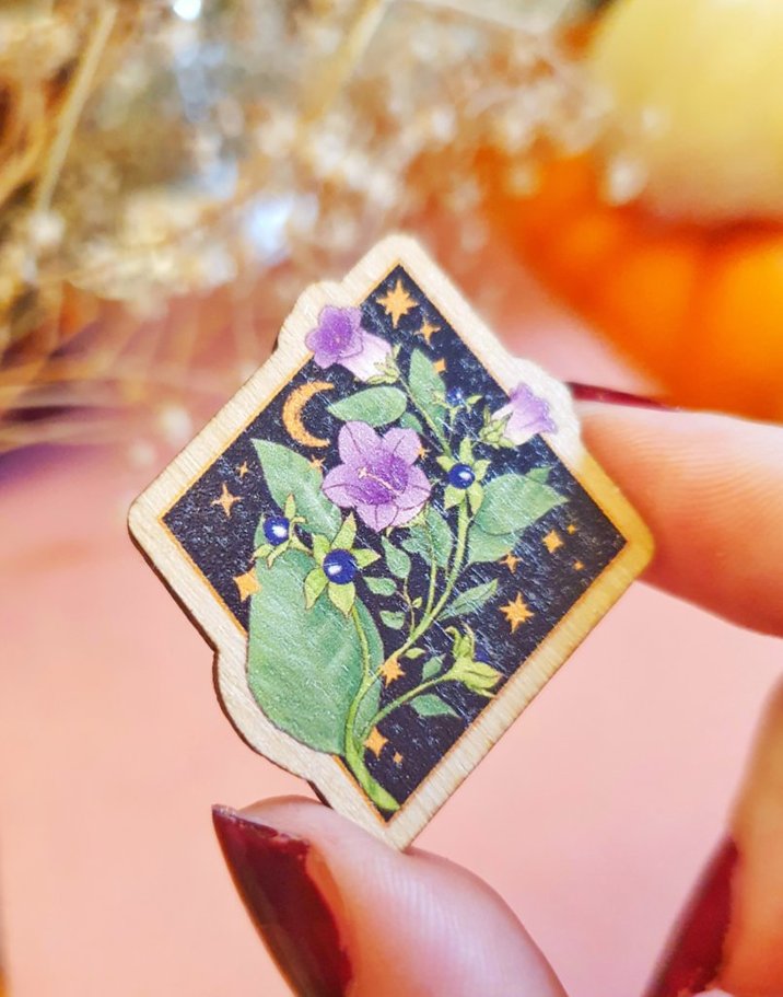 Belladonna wooden brooch, floral illustration gift for witches | art clothing aesthetic, dark academia green witch, Hecate.