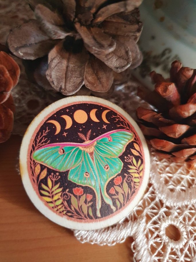 Wooden fox or luna moth pin inspired by magic and witches | lunar phases and the triple moon | nature and fantasy green witch