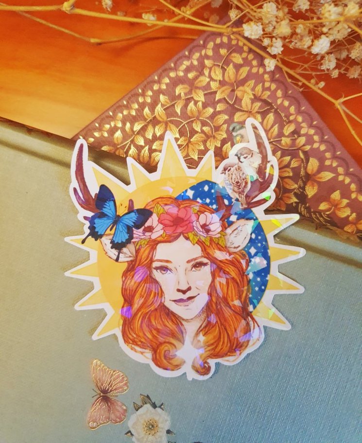 Faun deer large iridescent sticker inspired by spring and summer, with blue butterfly, sun, moon and stars | birds cute stationery.