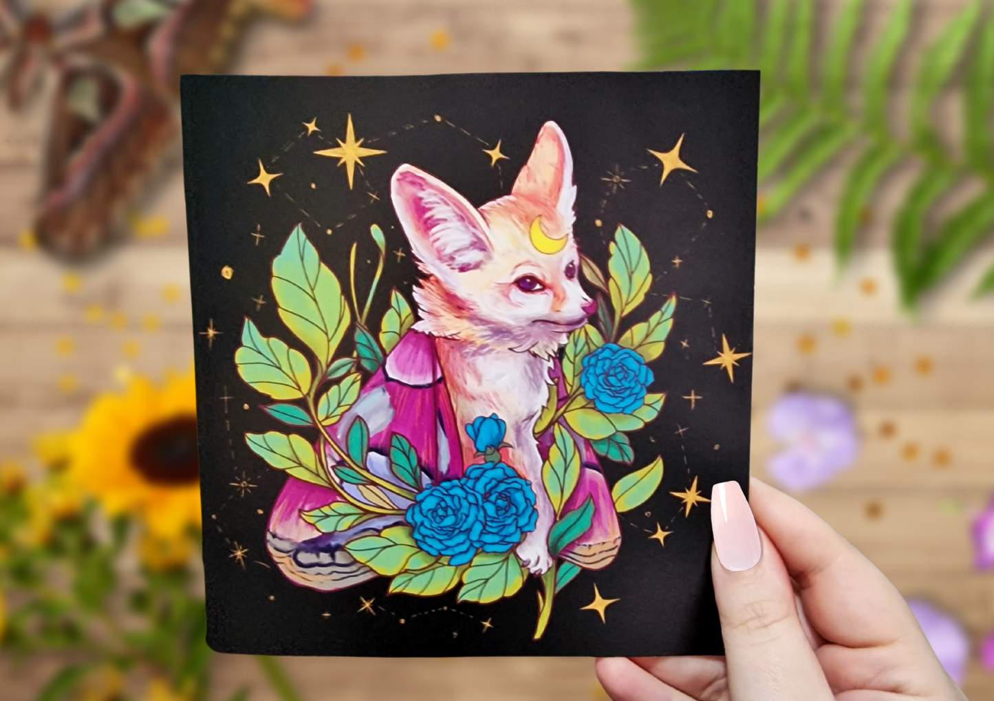 Fennec fox print with Automeris Frankae moth wings, moon and stars, cute illustration | Green witch art, nature lover