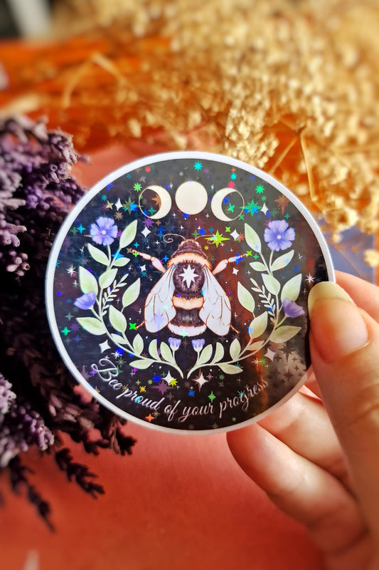 Bee and stars, large glitter sticker with moon phases, floral art | Cottagecore stationery, self love, green witch scrapbook
