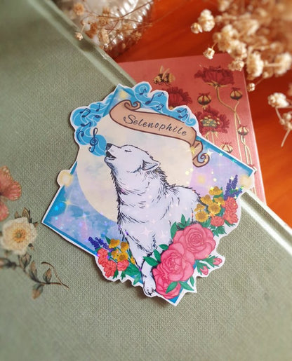 Large Selenophilia sticker with a wolf and the Moon | laminated glitter, perfect for scrapbook or diary decoration, floral stationery