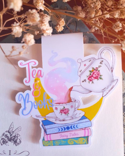 Tea and Books, Magnetic Bookmark Cottagecore Stationery | Cute Book Stack, Vintage and Cozy Gift for Her, Book Lover