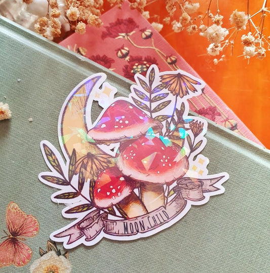 Large Moon Child Mushroom Glossy Sticker | Cottagecore Stationery Decor, Green Witch Amanitas Art, Botanical Illustration