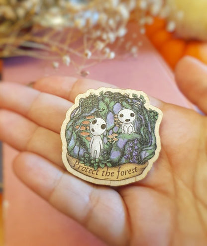 Cute wooden pin, tree spirit, anime forest princess inspired by Japanese folklore, kawaii accessory, goblincore