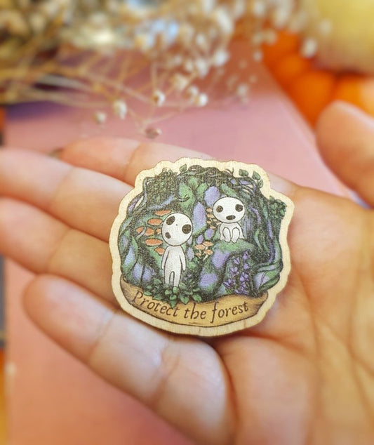 Cute wooden pin, tree spirit, anime forest princess inspired by Japanese folklore, kawaii accessory, goblincore