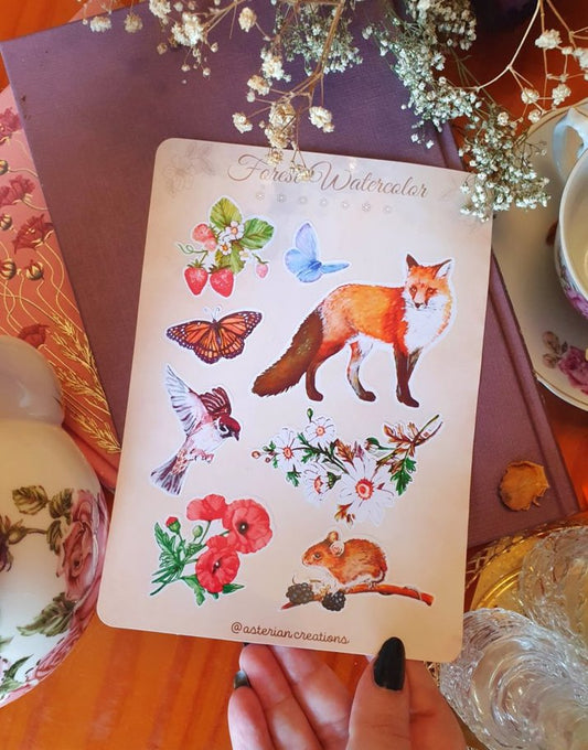 Sheet of colorful watercolor stickers of forest inhabitants, bloomcore and cottagecore aesthetics. | Perfect for planner or scrapbook.