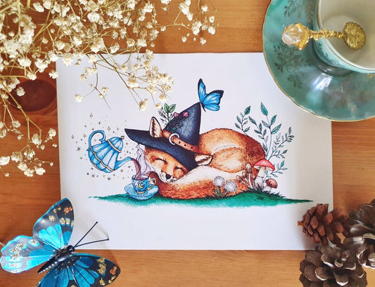 Fox witch, tea time, nature, watercolor fox, watercolor print, wildlife art, animals, A5 illustration