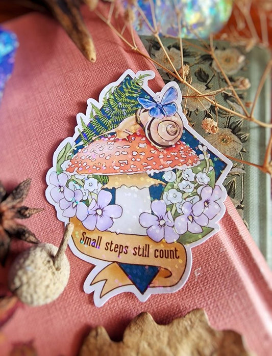 Large, colorful and bright sticker of a snail and a butterfly on an amanita mushroom. | Cute stationery in cottagecore and fairycore aesthetic.