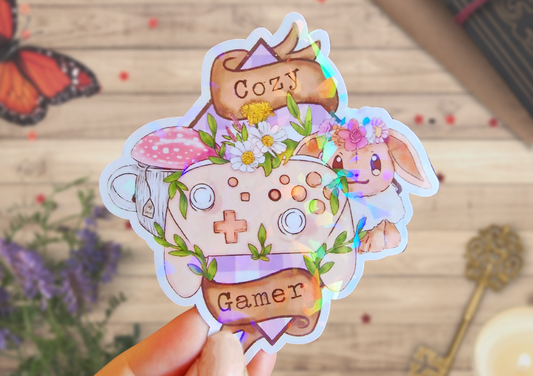 Cozy gamer large glossy vinyl sticker | Cute decoration for pc, console, laptop, kawaii stationery for planner, scrapbook