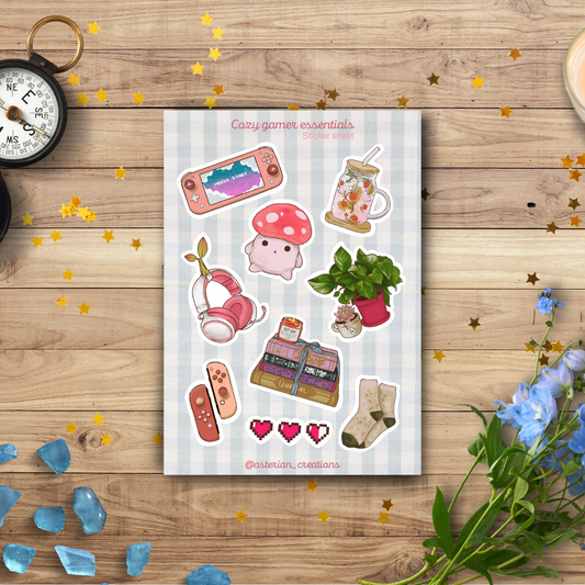 Cozy gamer essentials, cute &amp; aesthetic sticker sheet | kawaii stationery bullet journal, planner, computer.