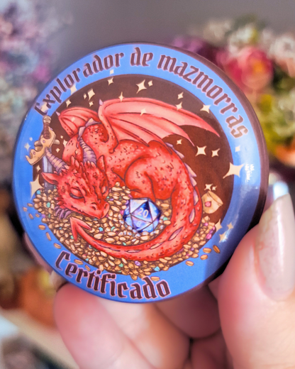 Dungeon Explorer Dragon Badge | RPG DnD Pin Badge | Geek Accessory Fantasy Gift with D20 Die