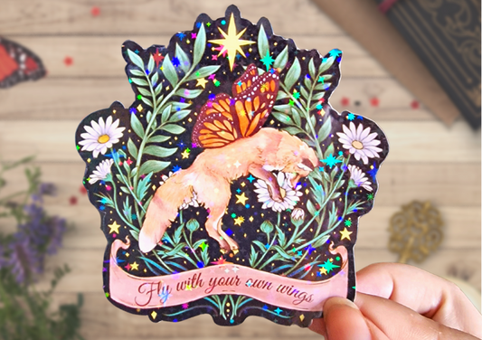 Red fox monarch butterfly glitter sticker, botanical art | Cute cottagecore stationery, nature lover, mental health.
