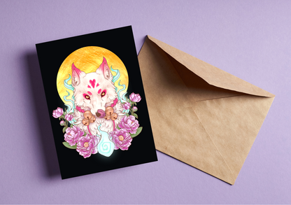 Kitsune A5 art print, fox, moon and flowers illustration, Japanese folklore art wall decor.