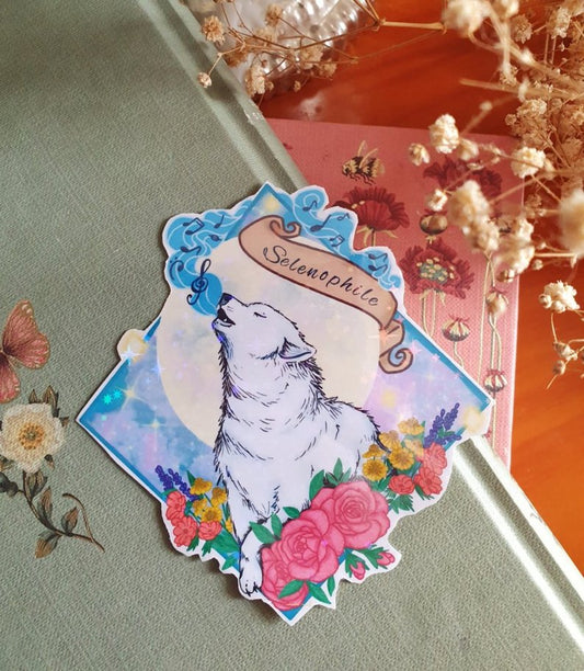 Large Selenophilia sticker with a wolf and the Moon | laminated glitter, perfect for scrapbook or diary decoration, floral stationery
