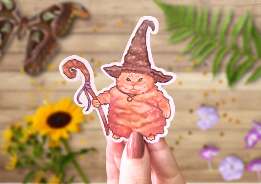Fat cat wizard meme glossy sticker, funny gift for cat lovers