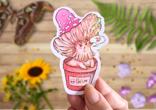 Pegatina Holográfica seta amanita venenosa kawaii con brillo mágico