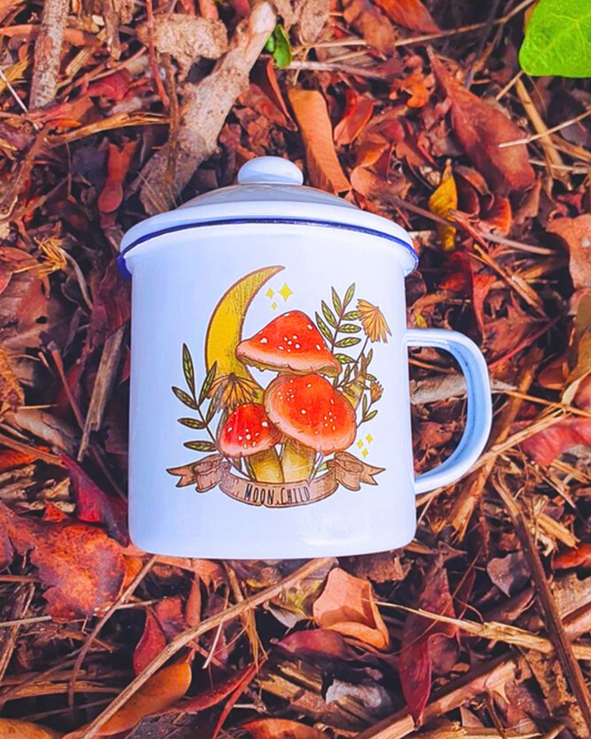 Moon Child mug in vintage autumn cottagecore style | illustration of amanita with a moon | green witch metal mug and magical things.