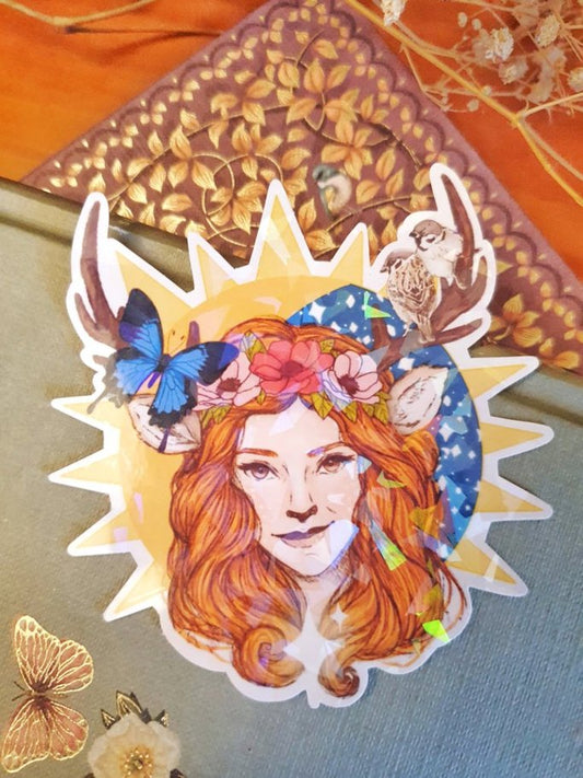 Faun deer large iridescent sticker inspired by spring and summer, with blue butterfly, sun, moon and stars | birds cute stationery.
