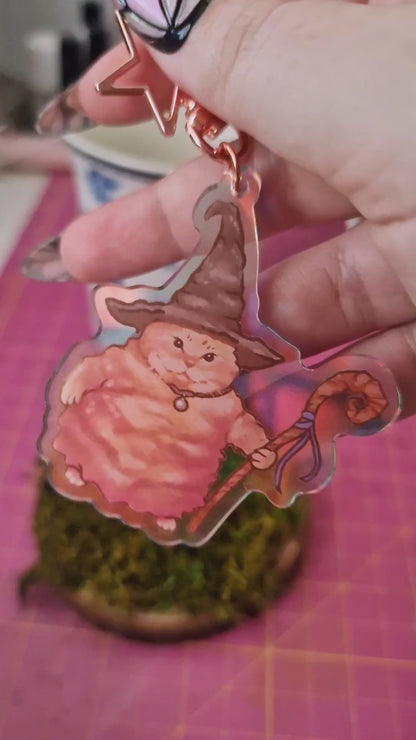 Glowing fat cat wizard meme keychain, funny gift for cat lovers