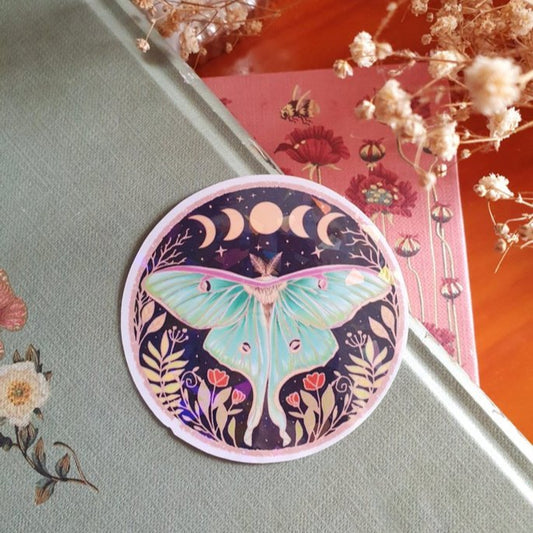 Large Luna Moth Sticker with Moon Phases and Nature | Magical Cottagecore Stationery, Green Witch and Scrapbooking.