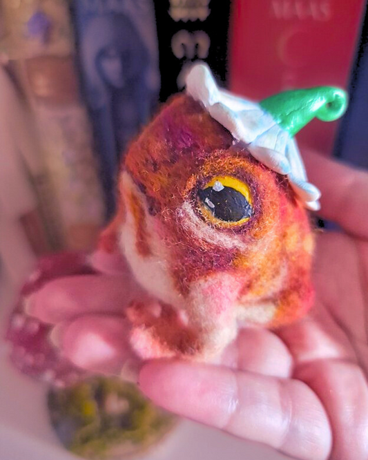 Lovely rain frog figurine, colorful fairy tale decoration, amanita mushroom and labradorite