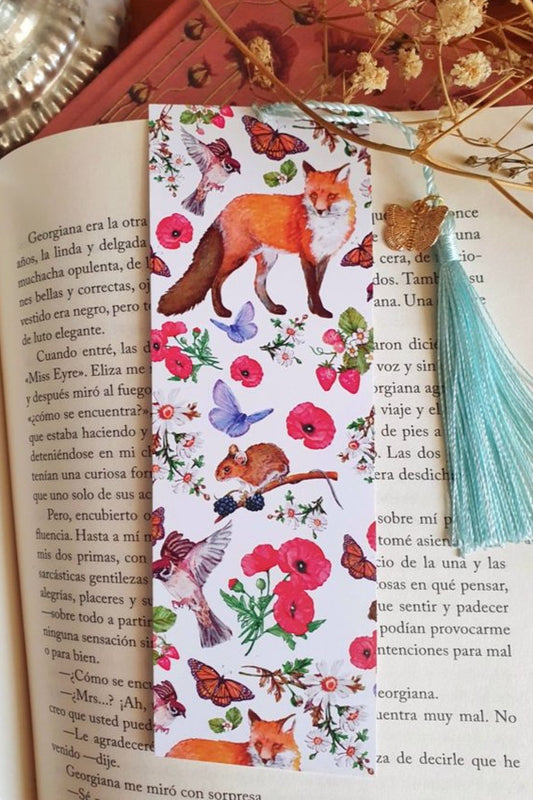 Cute and unique watercolor cottagecore bookmark, gift for readers floral illustration | monarch butterfly, fox and poppy stationery
