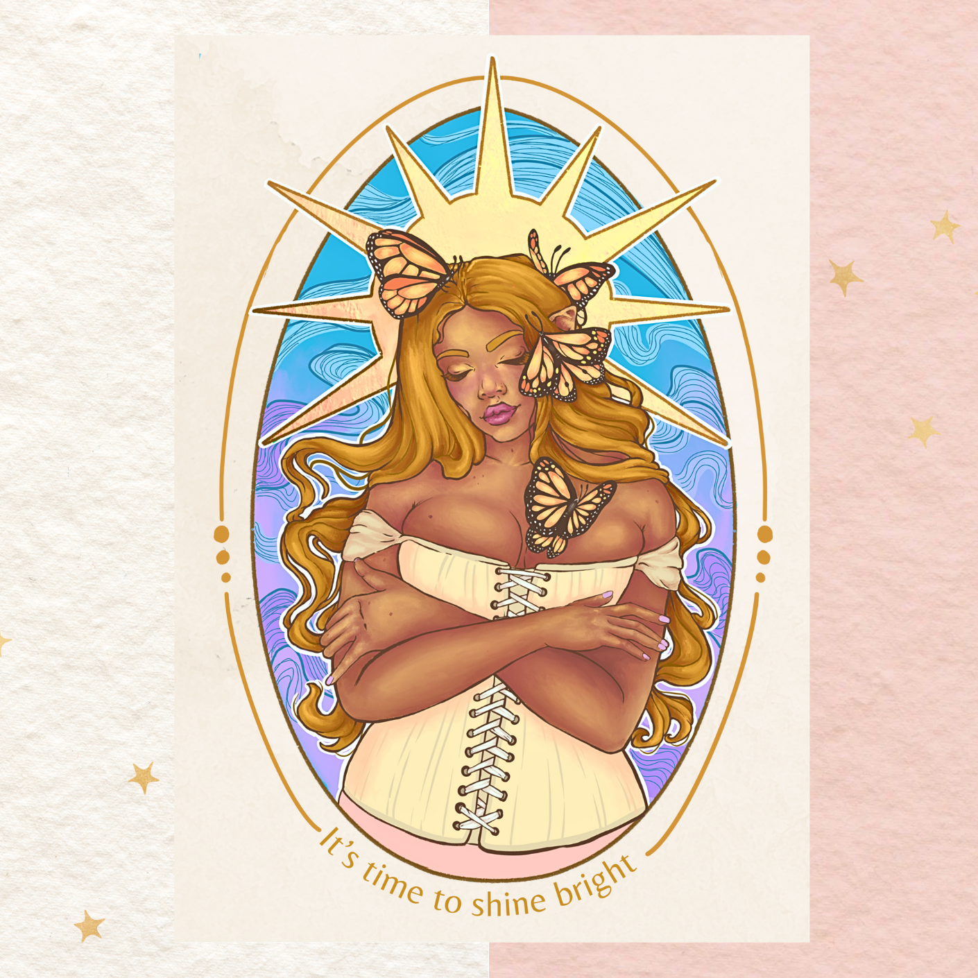 Impresión A5 de mujer elfa fae curvy, estrella rodeada de mariposas, con la frase '' Es hora de brillar'' | decoración de fantasía, arte colorido.