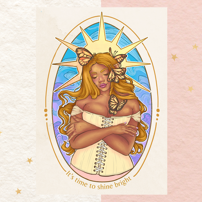 Impresión A5 de mujer elfa fae curvy, estrella rodeada de mariposas, con la frase '' Es hora de brillar'' | decoración de fantasía, arte colorido.